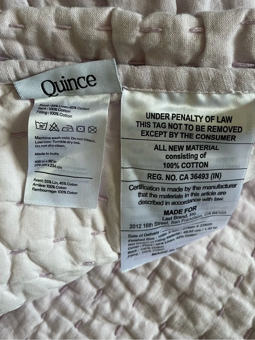 NWT Quince European Linen Cotton Stitch Quilt Set WITH SHAMS, King/Cal (Orchid)